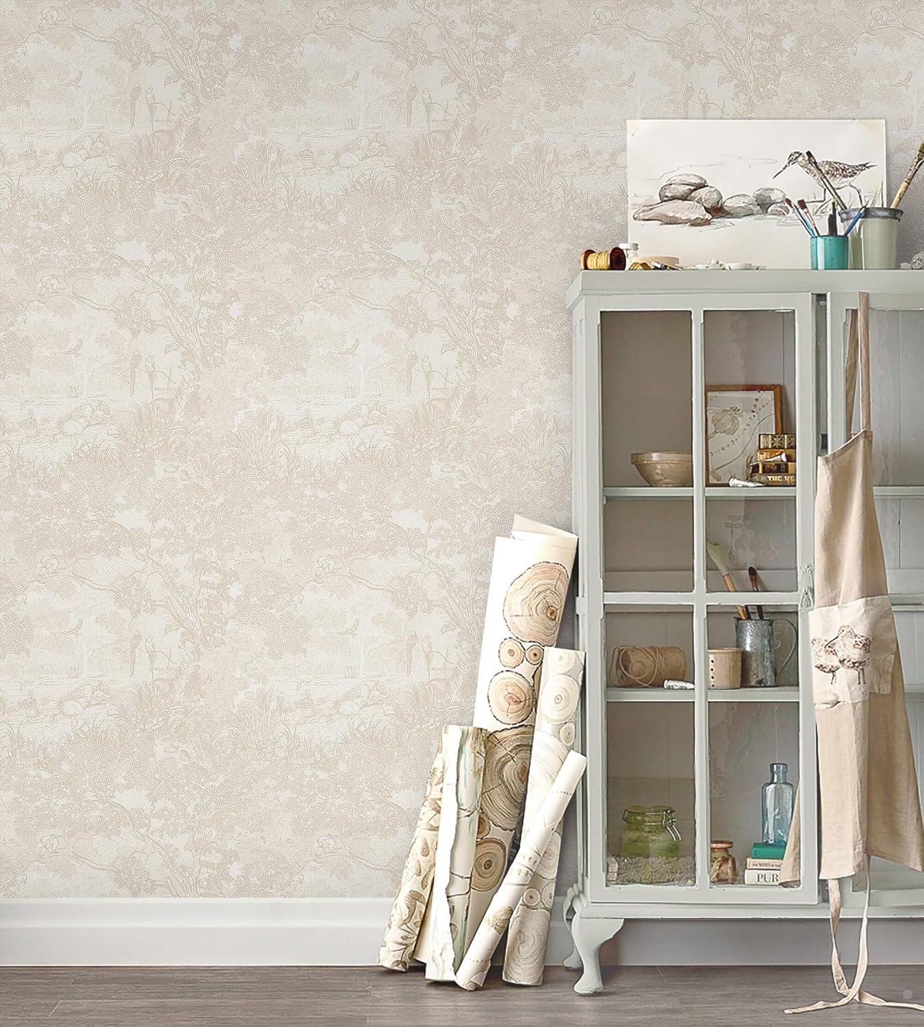 Heroad Peel and Stick Wallpaper Beige Neutral Vintage Forest Animals Floral Wallpaper Remo